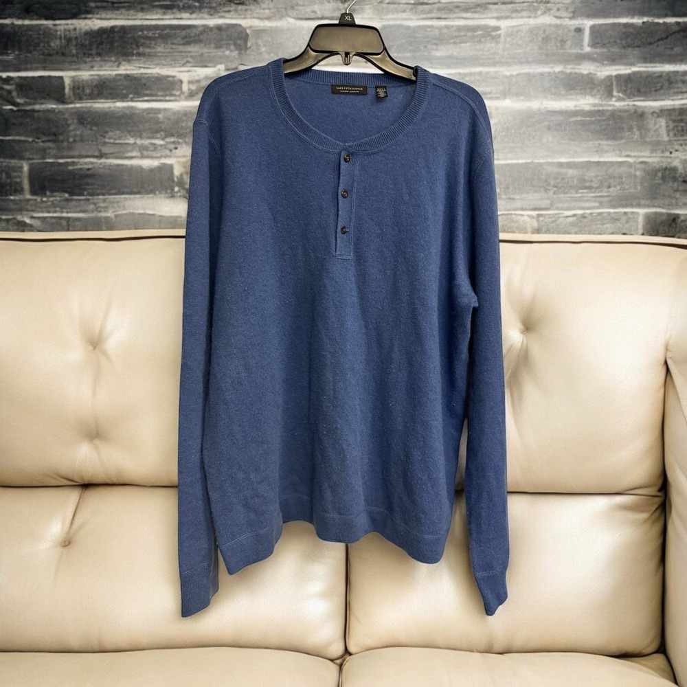 Saks Fifth Avenue Cashmere Sweater Mens Size XXL Bright Blue Henley